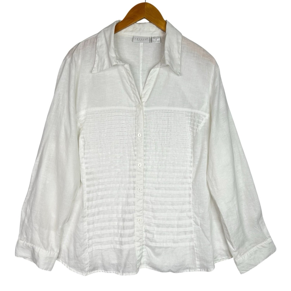 Tweeds 100% Linen Blouse Womens 1X White Button Front Long Sleeve Plus Size
